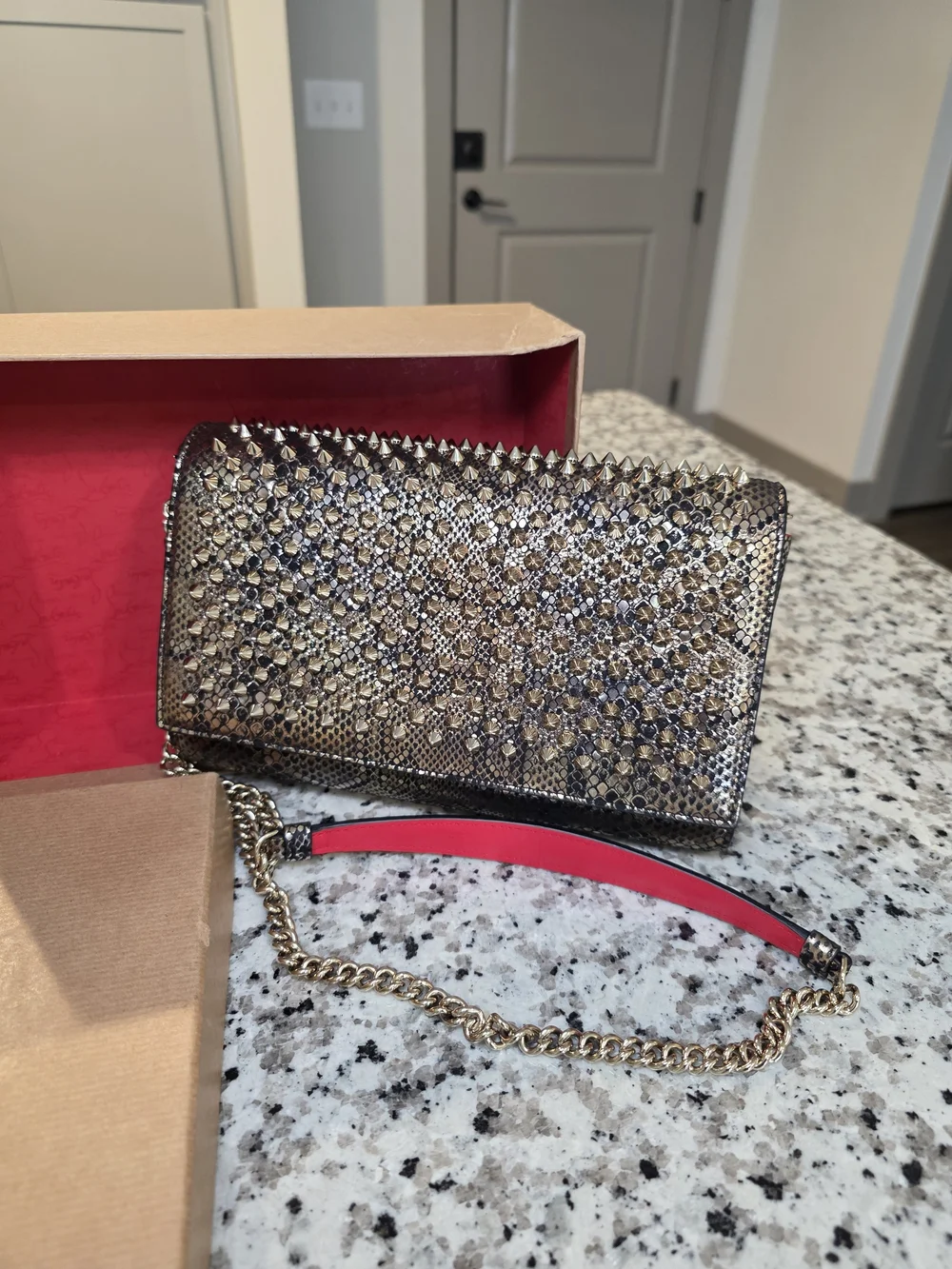 Gold Studded Snake-Texture Clutch with Pink Shoulder Pad